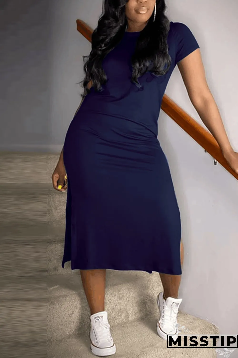 Hide Blue Sexy Short Sleeves O neck Swagger Knee-Length Solid split Dresses