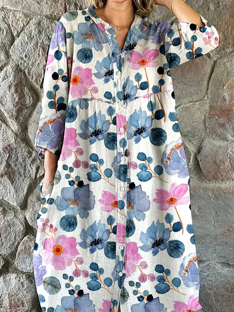 Womens Resort Watercolor Floral  Pattern Cotton Shirt Dress