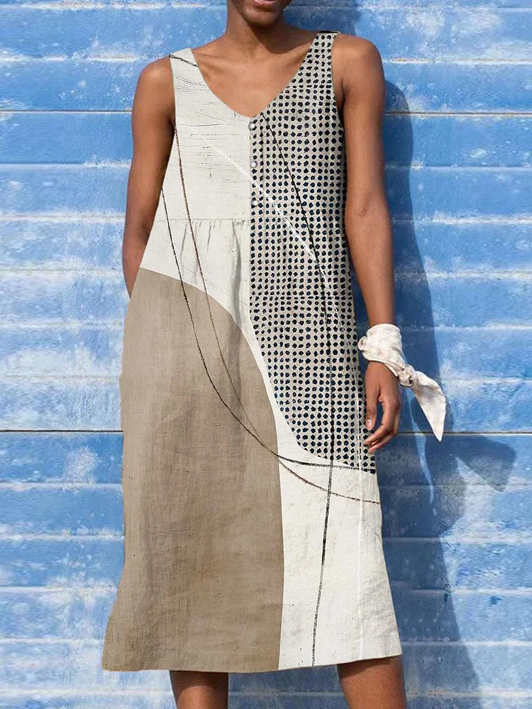 Women's Abstract Geometric Pattern Art Print Sleeveless Cotton And Linen Dress
