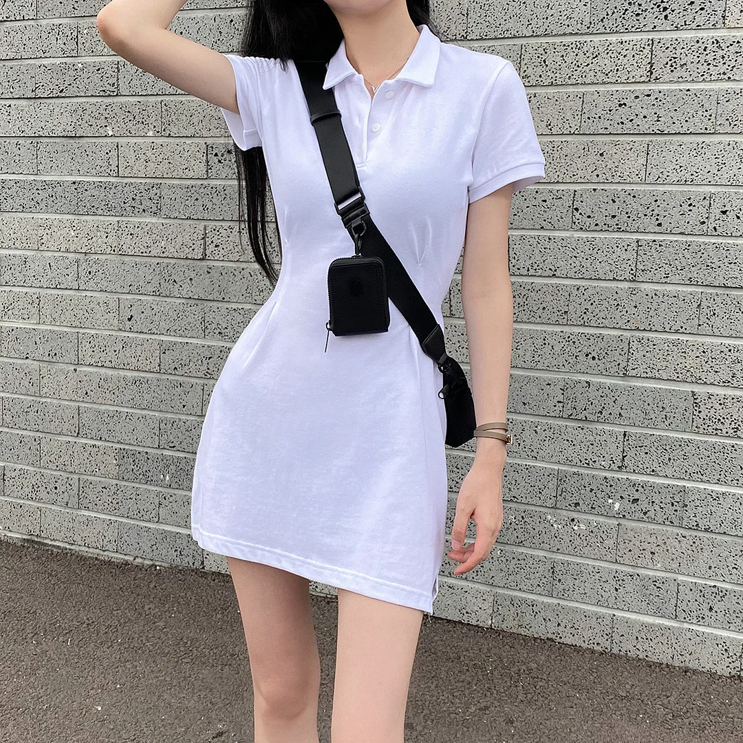 Churchf Churchf Chic Spring Retro Niche Lapel Slim Slim Pure Color Short Sleeve Short Package Hip Dress Short Skirt