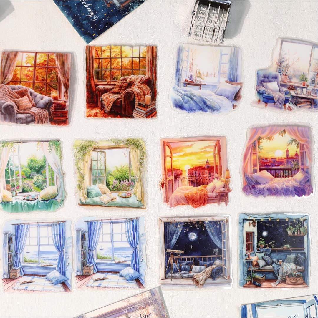 PET 스티커 - 창문 풍경 시리즈 빈티지 발코니 풍경