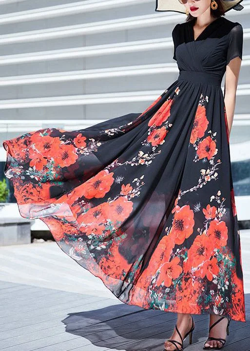 Elegant Black V Neck Print Wrinkled Chiffon Long Dresses Summer