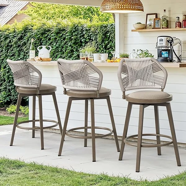Outdoor Bar Stools Set of 4, 360° Swivel Aluminum Rattan Barstools, Olefin Rope Counter Height Bar Stools with Curved Backrest, Boho Barstool with Circular Cushion for Patio, Kitchen, Grey Armless Barstools Mocha Grey 4