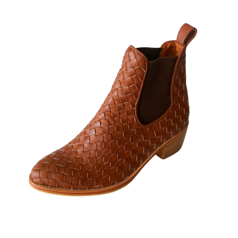 Brown Woven Detail Round Toe Chunky Heel Short Boots for Women Nicepairs