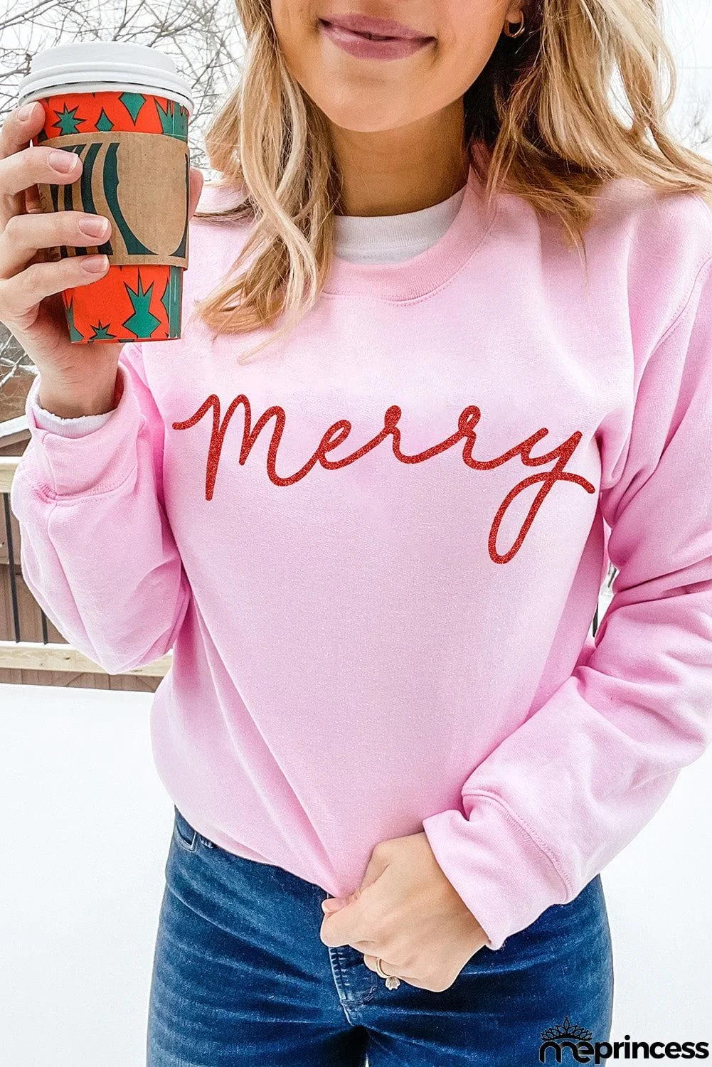 Merry Letter Print Long Sleeve Pullover Sweatshirt