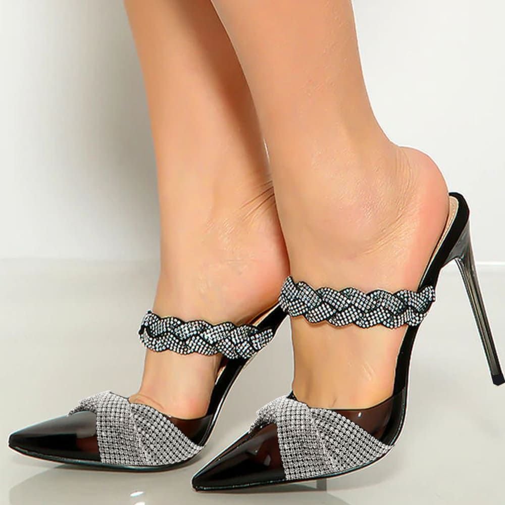 Black Patent Leather Pointed Mules Rhinestones Slingback Stiletto Heels Nicepairs