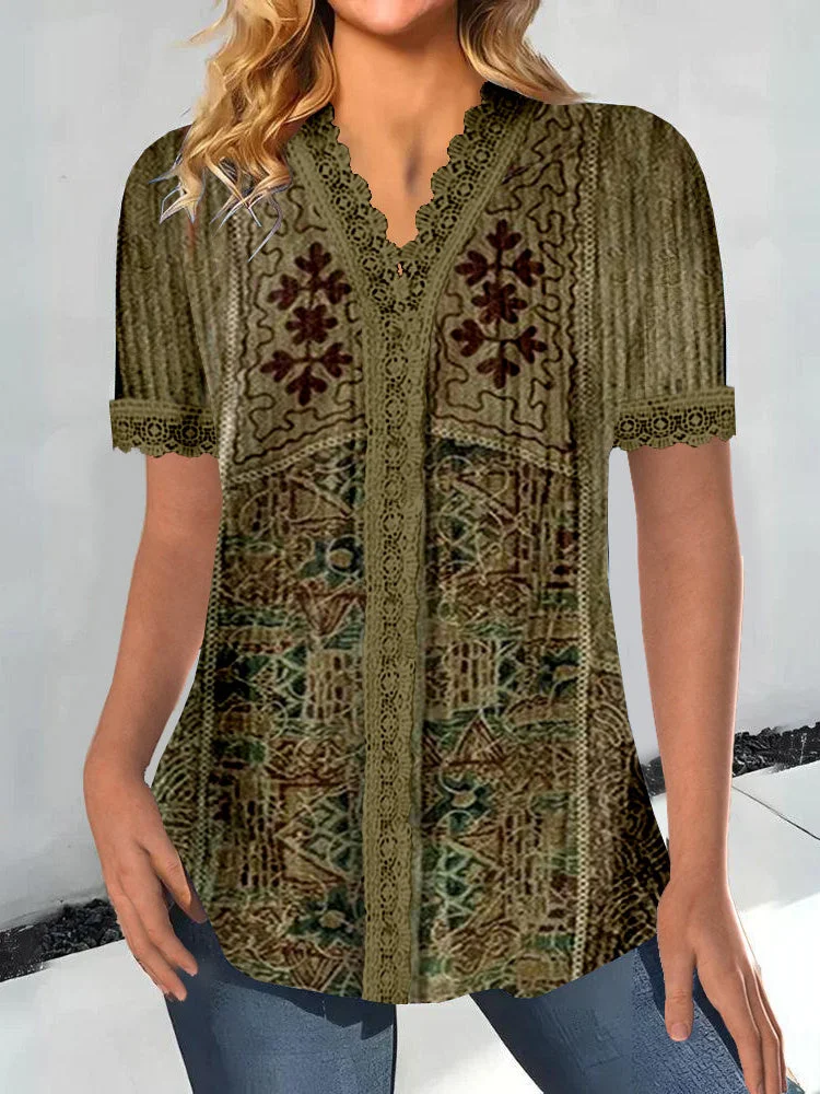 Women Short Sleeve V-neck Floral Printed Graphic Lace Tops