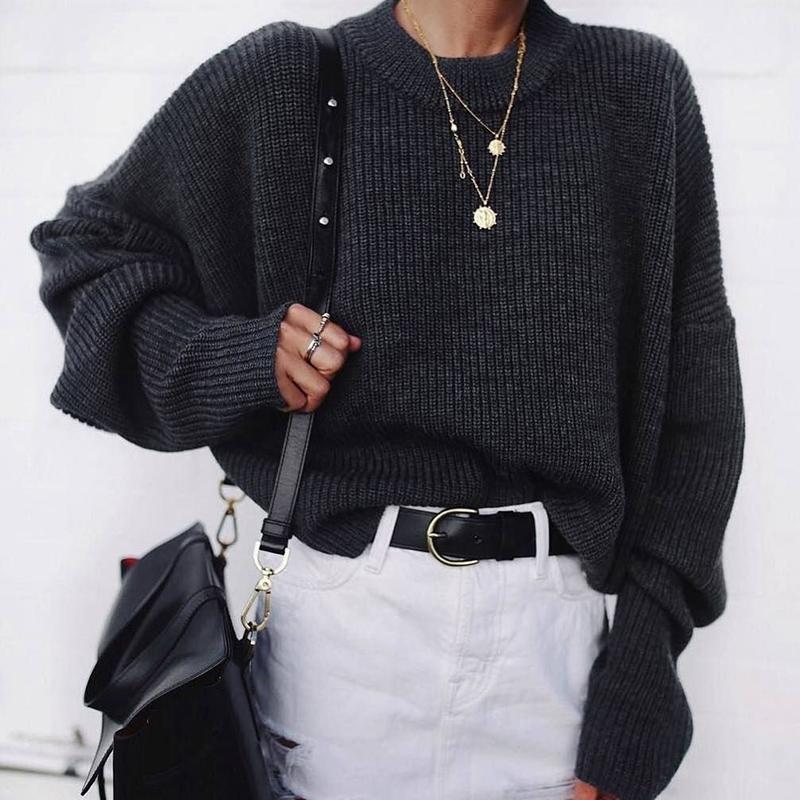 Casual Black Long Batwing Sleeves Round Neck Sweater