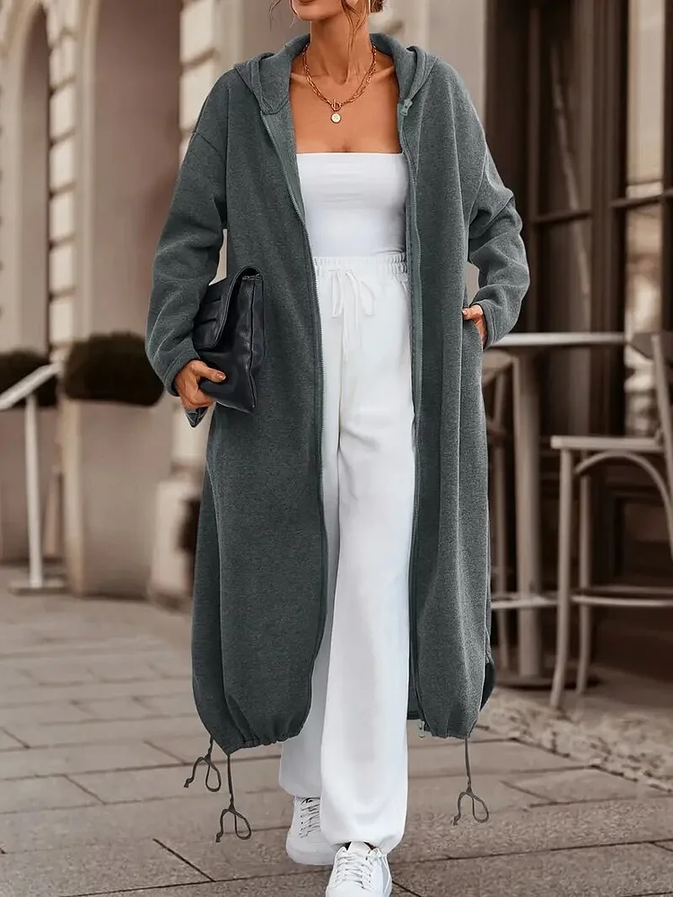 Women's Loose Long Jacket Drawstring Hen Zipper Up Long Jacket with Hooded