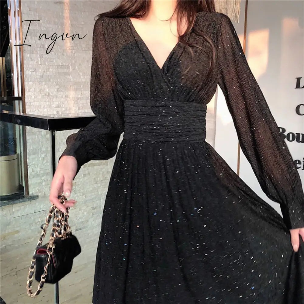 Ingvn - Women Dress Autumn V - Neck Long Sleeve Shiny Midi A - Line Evening Night Party Elegant Red