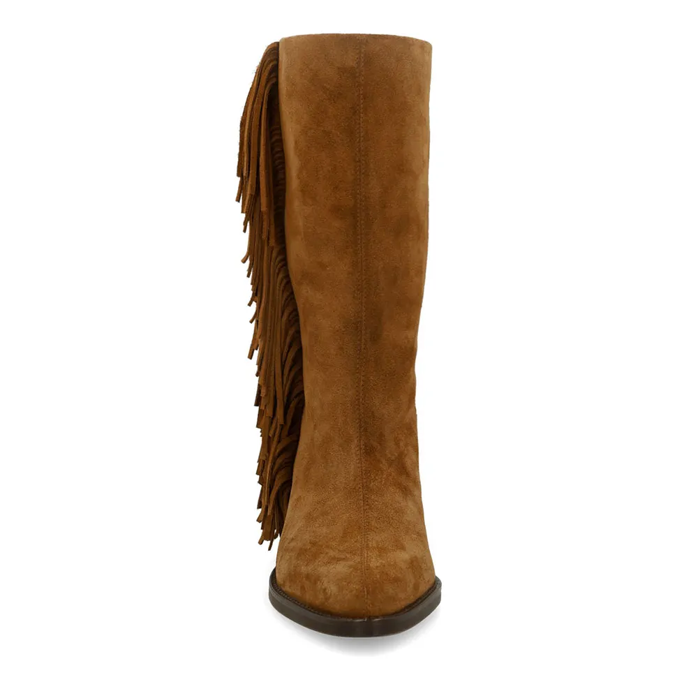 Brown Pointed Toe Mid Calf Women's Western Boots with Fringe