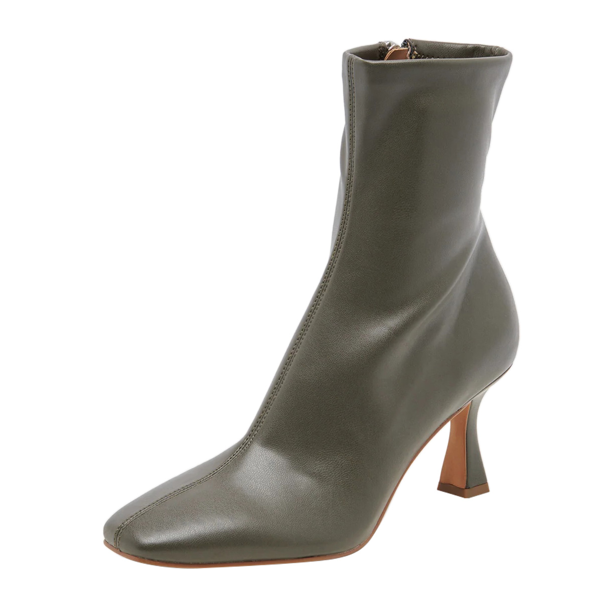 Vegan Leather Square Toe Side Zipper Spool Heeled Ankle Boots in Olive Nicepairs