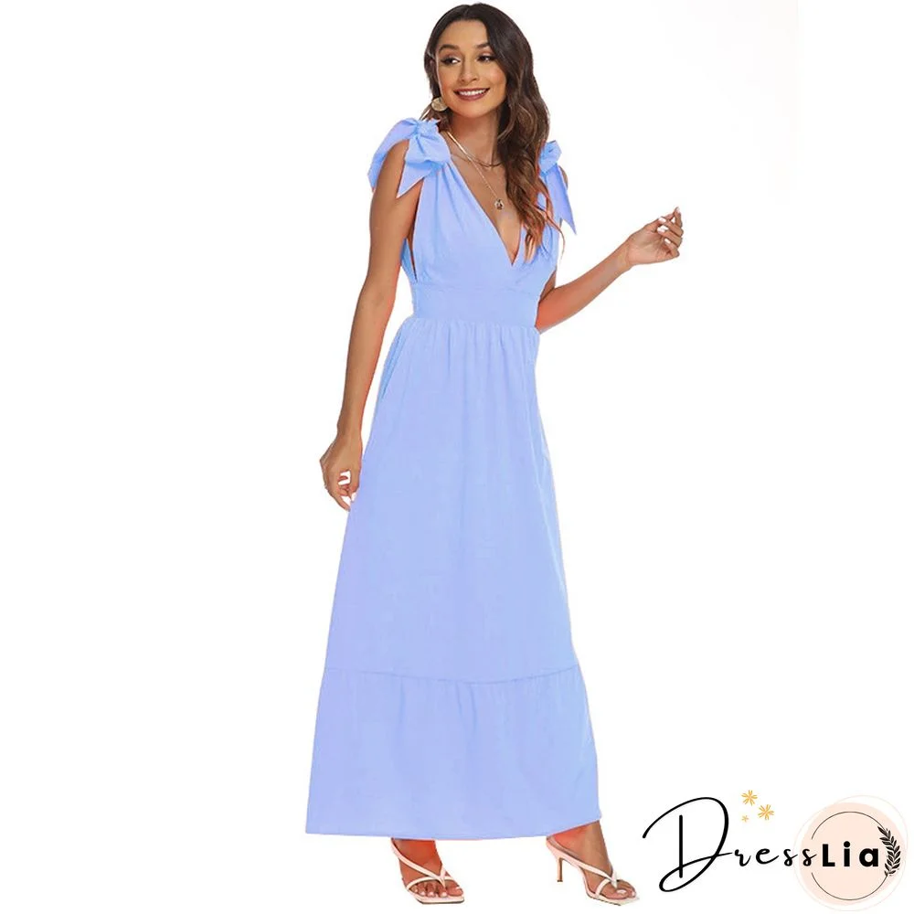 V-Neck Solid Color Dress Bow Tie Long Dress Bohemian Dress