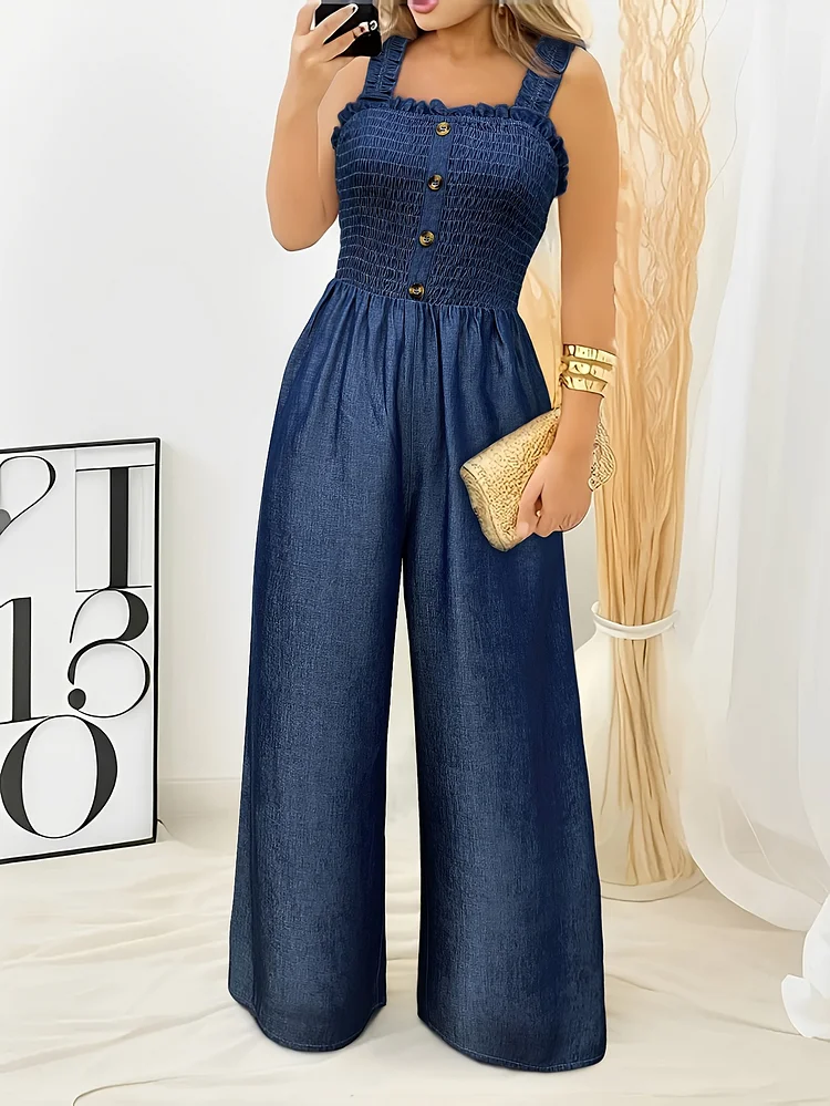 Solid Color Ruched Trim Button Decor Jumpsuit, Casual Sleeveless Shirred Wide Leg Jumpsuit For Spring & Summer, Women's Clothing