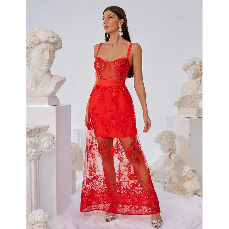 Red Lace Sling Maxi Dress