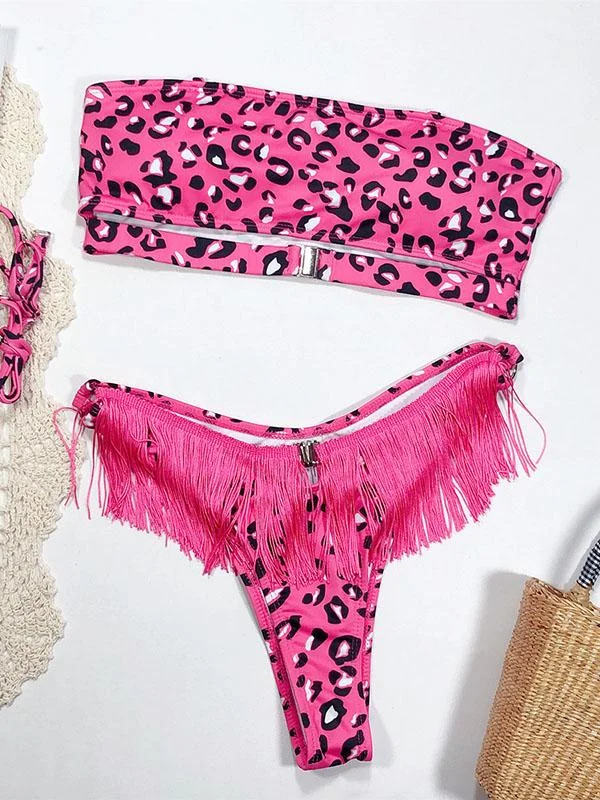 Strapless Tassels Leopard Print Bikini Swimsuit