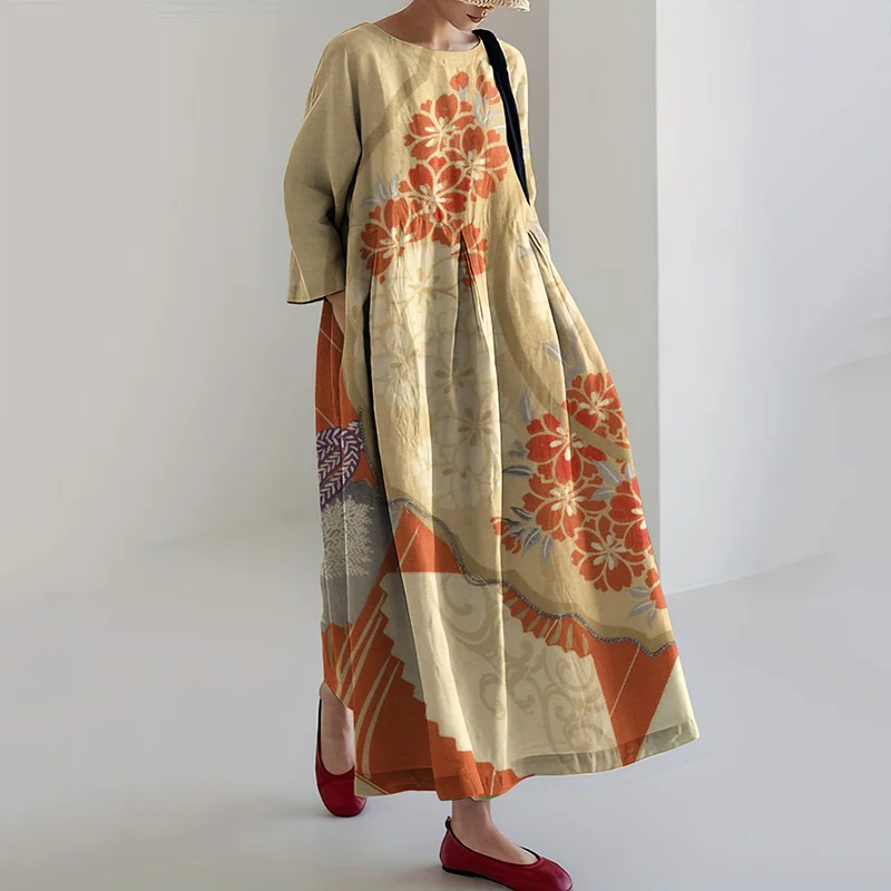 Women Japanese Art Blossom Printed Casual Midi Dress