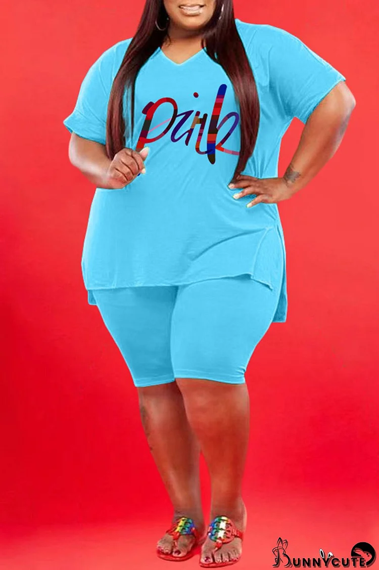 Light Blue Fashion Casual Letter Print Basic V Neck Plus Size Two Pieces