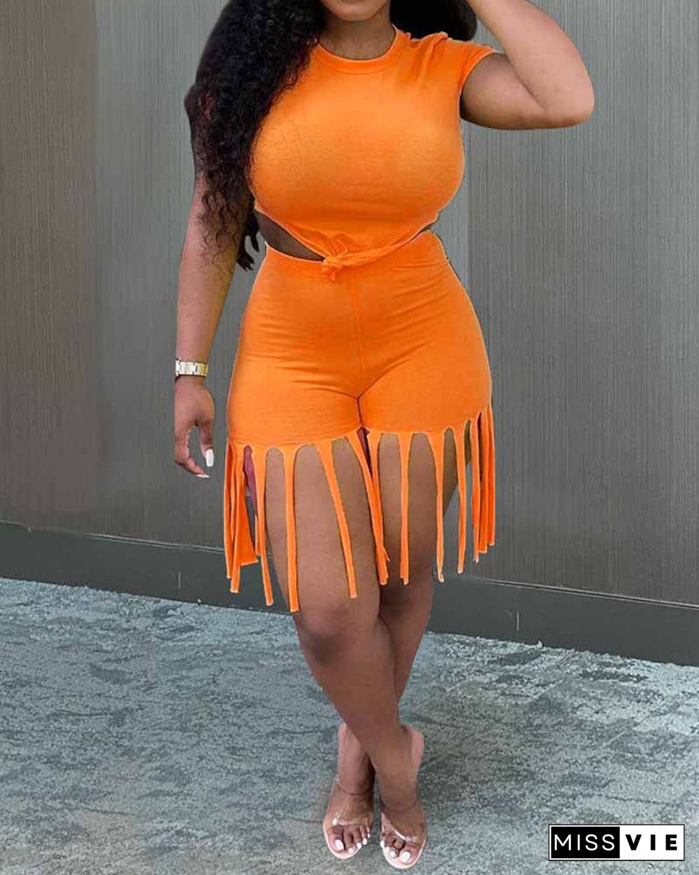 Sporty Fringe Embellished Bodycon Tank & Shorts 2-piece set