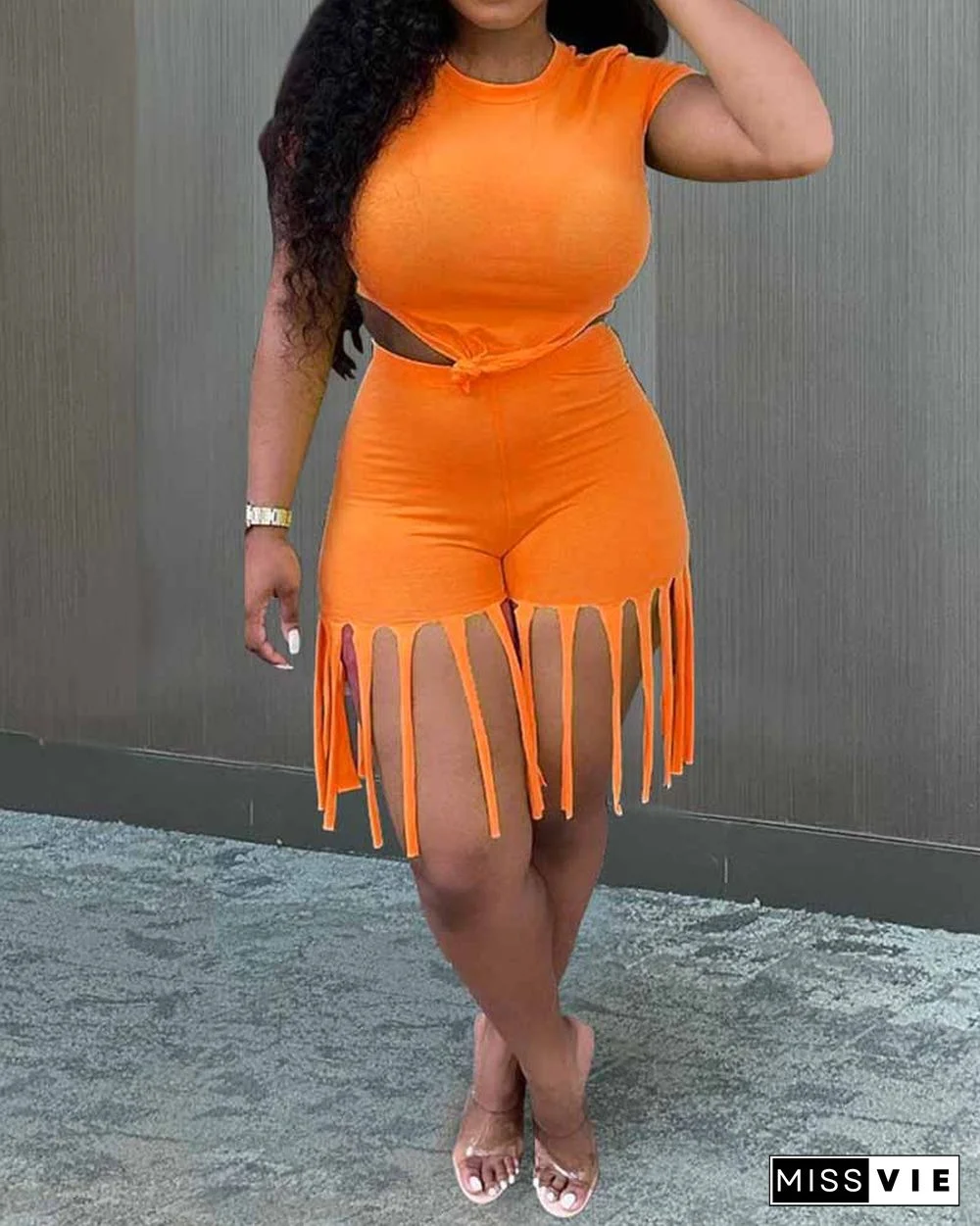 Sporty Fringe Embellished Bodycon Tank & Shorts 2-piece set