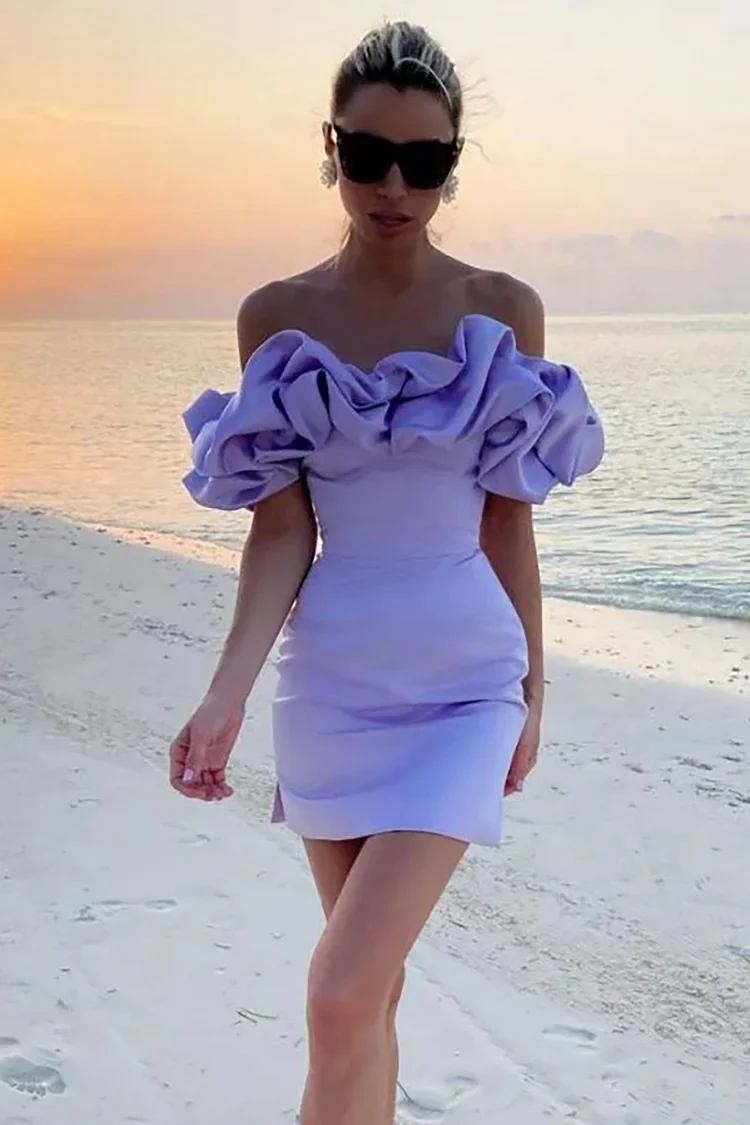 Ruffled Off Shoulder Irregular Neck Slit Hem Satin Bodycon Mini Dresses