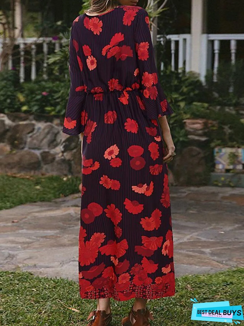 Women's T-Shirt Dress Tee Dress Maxi Long Dress - Long Sleeve Floral Split Patchwork Print Spring Fall Casual Red Orange Black Dresses
