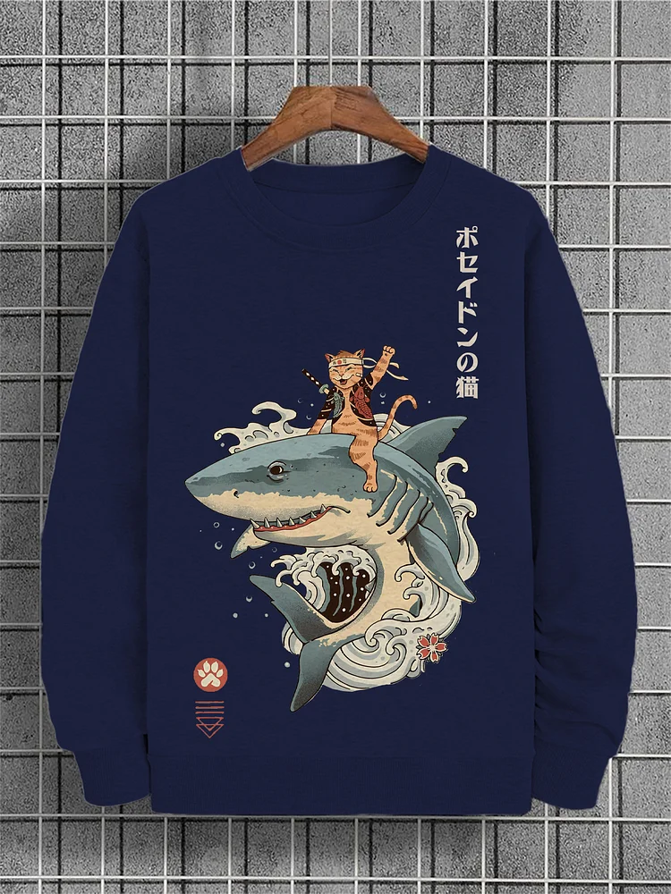 Men's Japanese Samurai Cat Shark Art Print Cotton Long Sleeve Casual T-Shirt