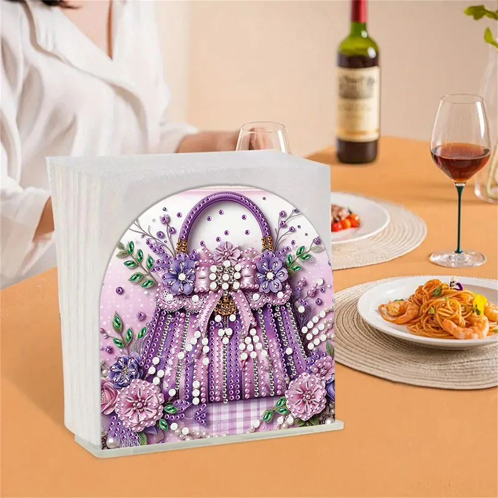 DIY Purple Bag Acrylic Napkin Holder Diamond Painting Kit for Home Table Decor