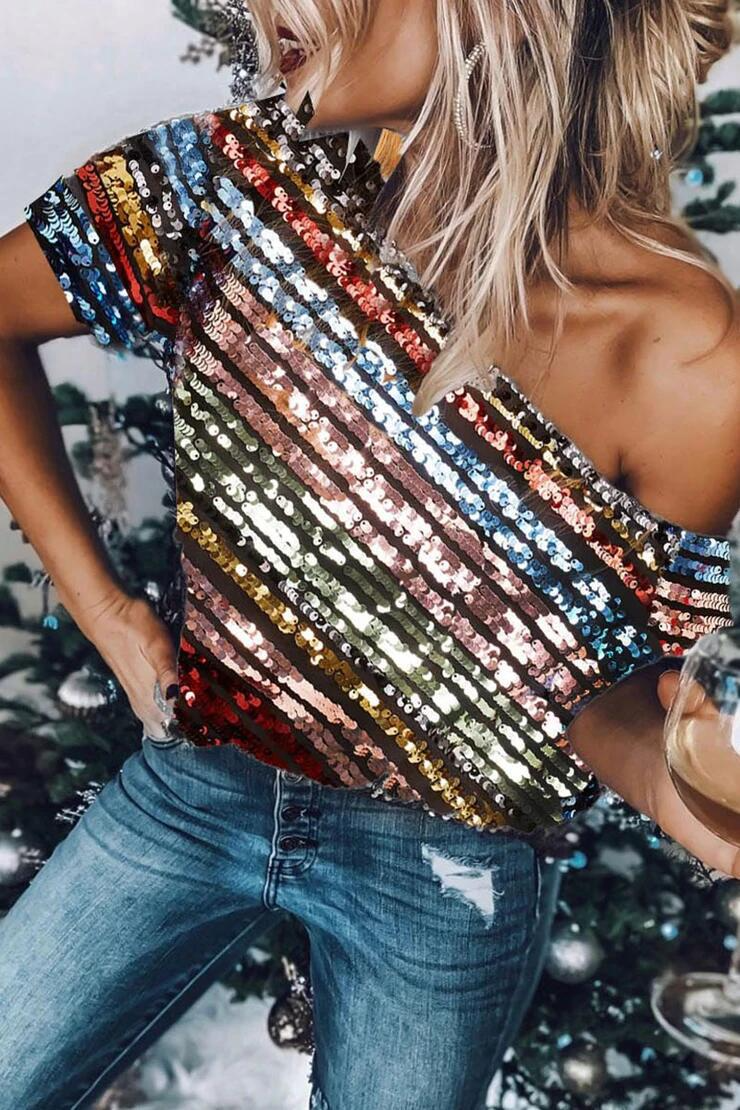 Sparkly Sequined Off The Shoulder T-Shirt