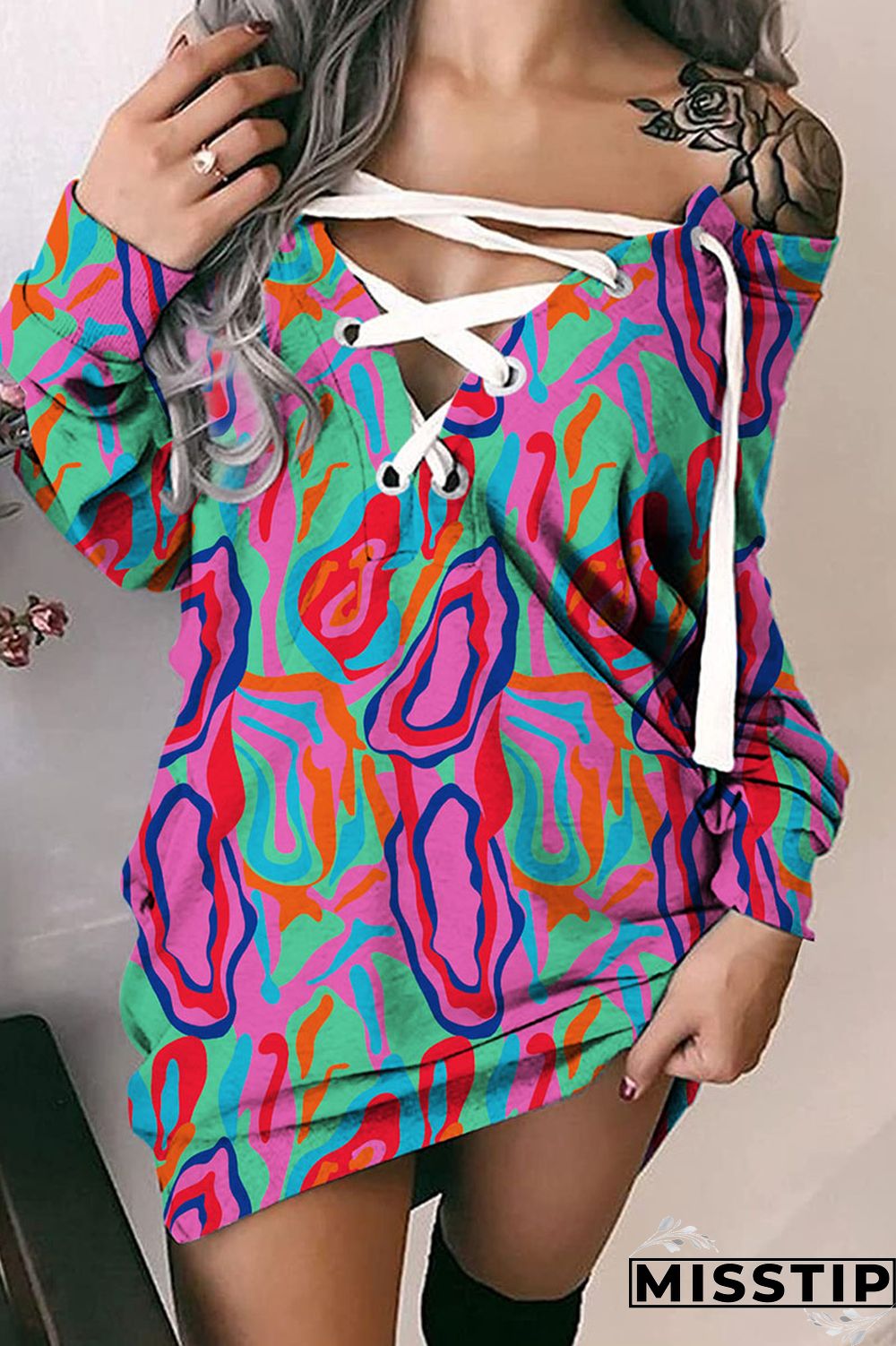 The cowboy blue Casual Street Print Bandage Patchwork V Neck Dresses