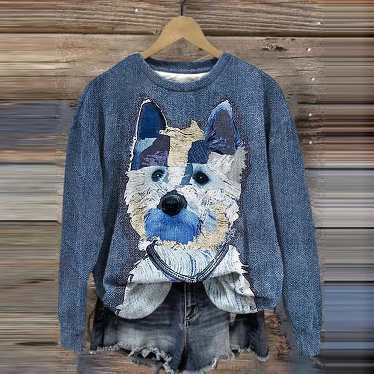Women'S Denim Patchwork Puppy Print Casual Sweatshirt