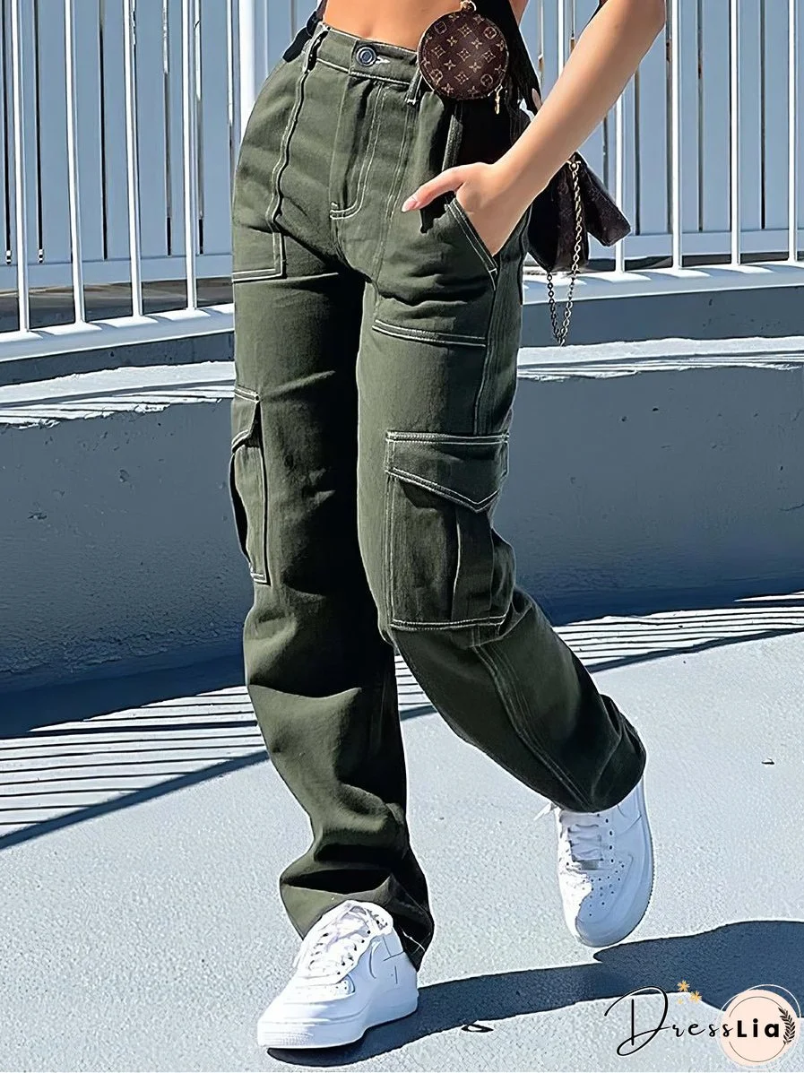 Fashion Low Waist Straight Multi Pocket Pants