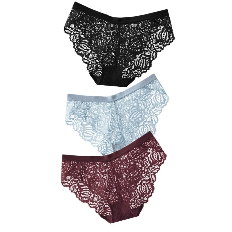 3PCS Sexy Lace Panties Soft Breathable Briefs Women Underwear Ladies Panty Transparent Low-Rise Underpants Lingerie Intimates XL