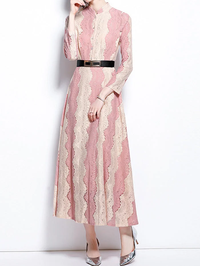 Stand-up Collar Lace Pink Stitching Embroidery Long-sleeved Dress