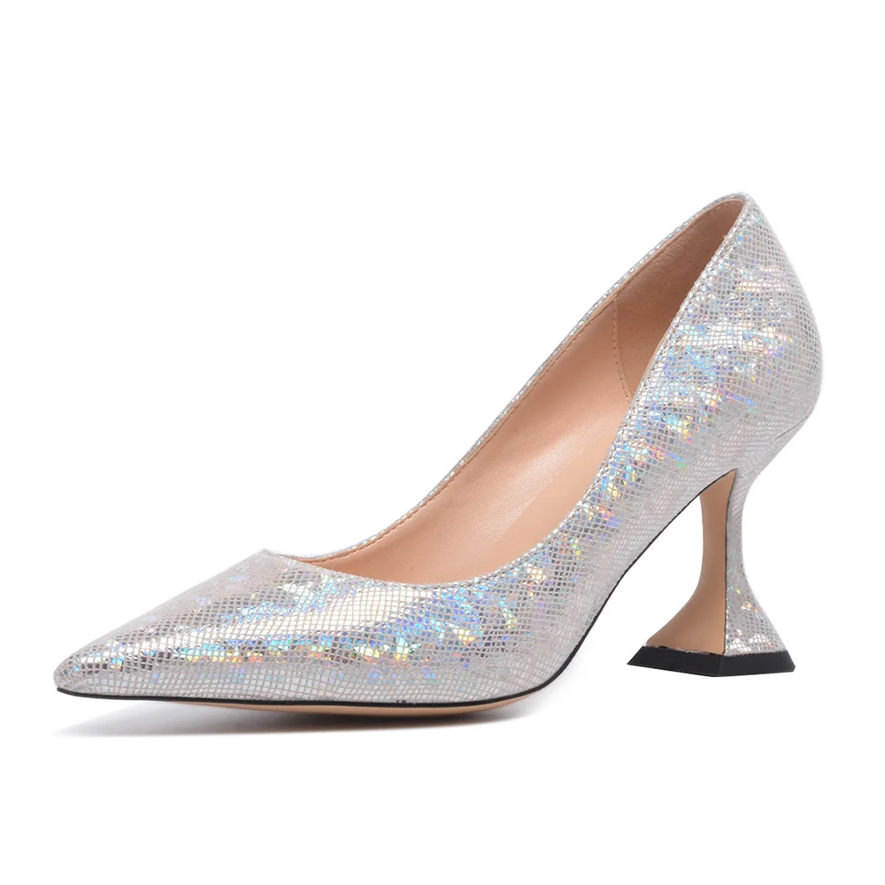 Silver Pointed Toe  High Pumps Spool Heels