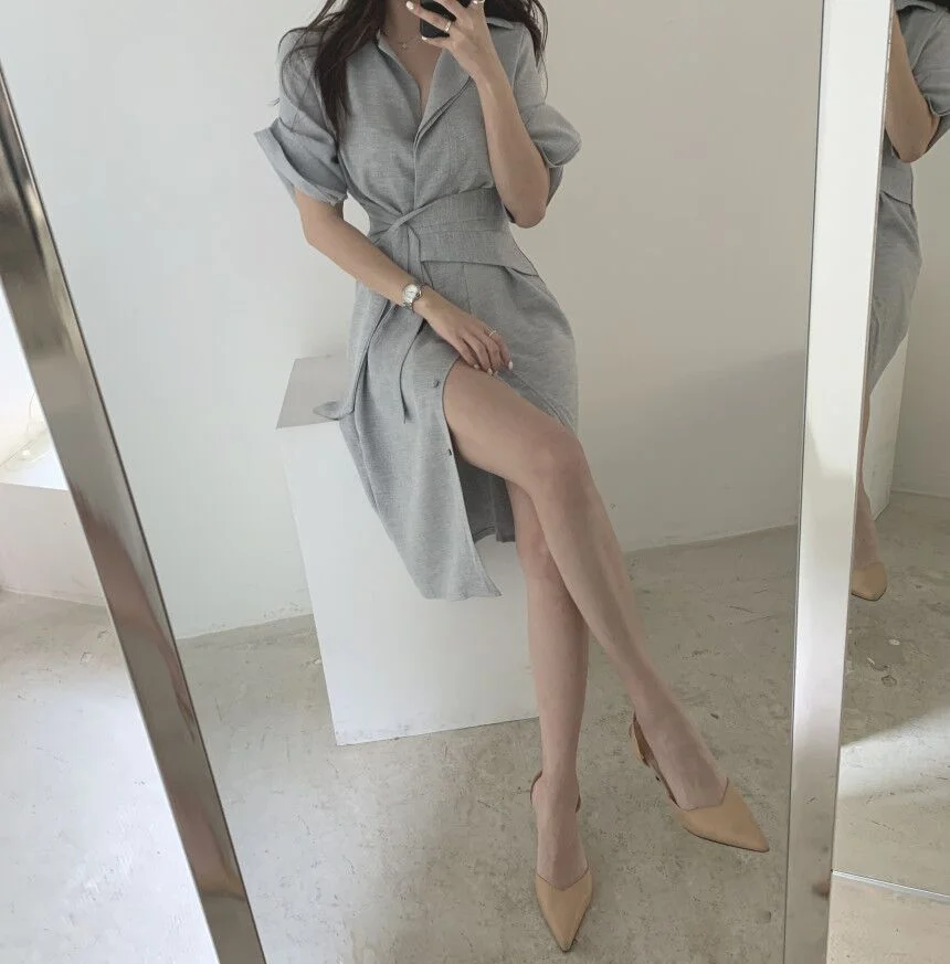 Small design sense shirt dress 2020 new women's long cover belly waist show thin skirt