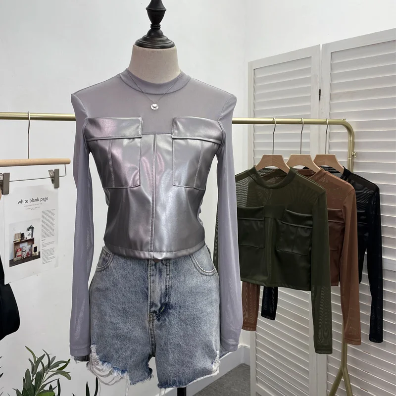 Uveng Sexy Micro-Permeable Mesh Splicing Pu Skin Bottom Shirt Women Autumn And Winter Body Repair Short Long-Sleeved T-Shirt Top 8975
