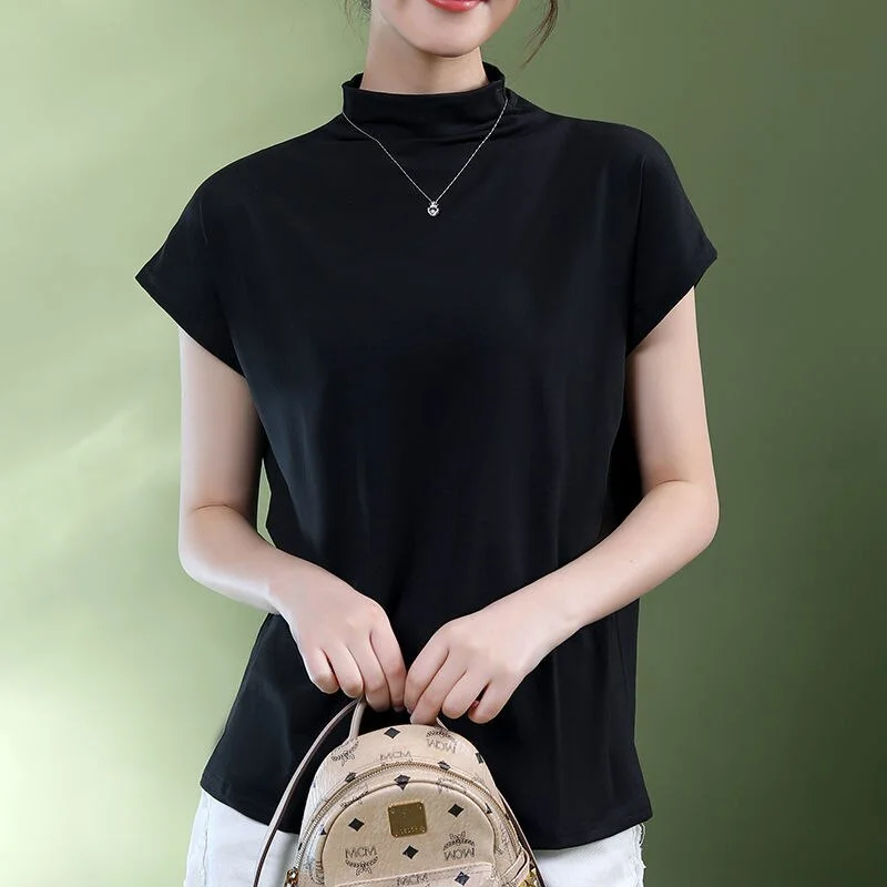 Jangj Half Turtleneck Modal Short-sleeved Summer T-shirt 2022 New Korean Style of the Bottoming Tops Solid Color Casual Clothing