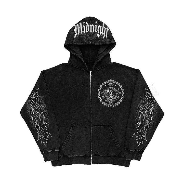 Gothic Print Hoodies High Street Hip Hop Jacket Y2K Retro Loose Sweatshirt Coat at Hiphopee