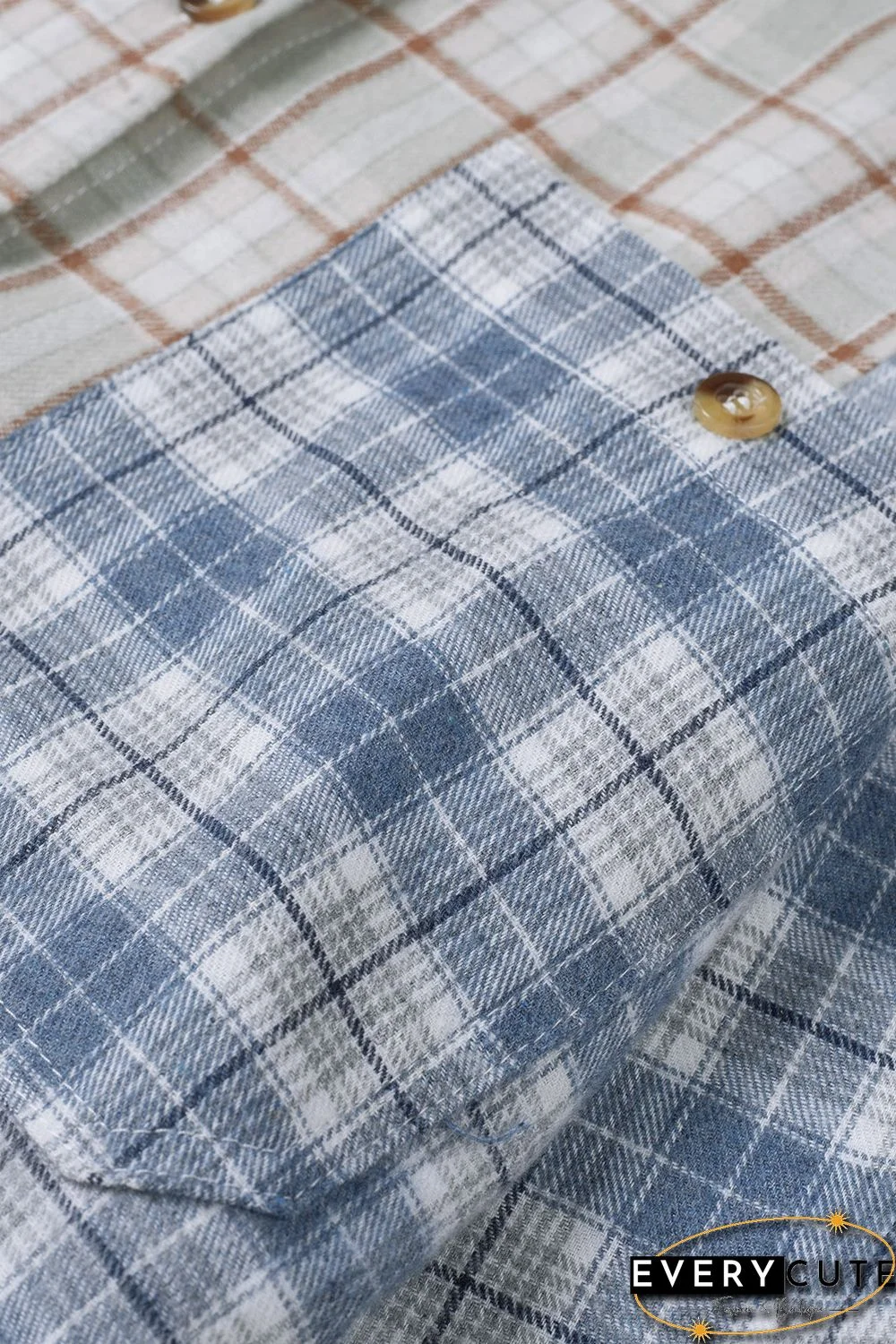 Sky Blue Plaid Color Block Pocket Button-up Long Sleeve Shirt