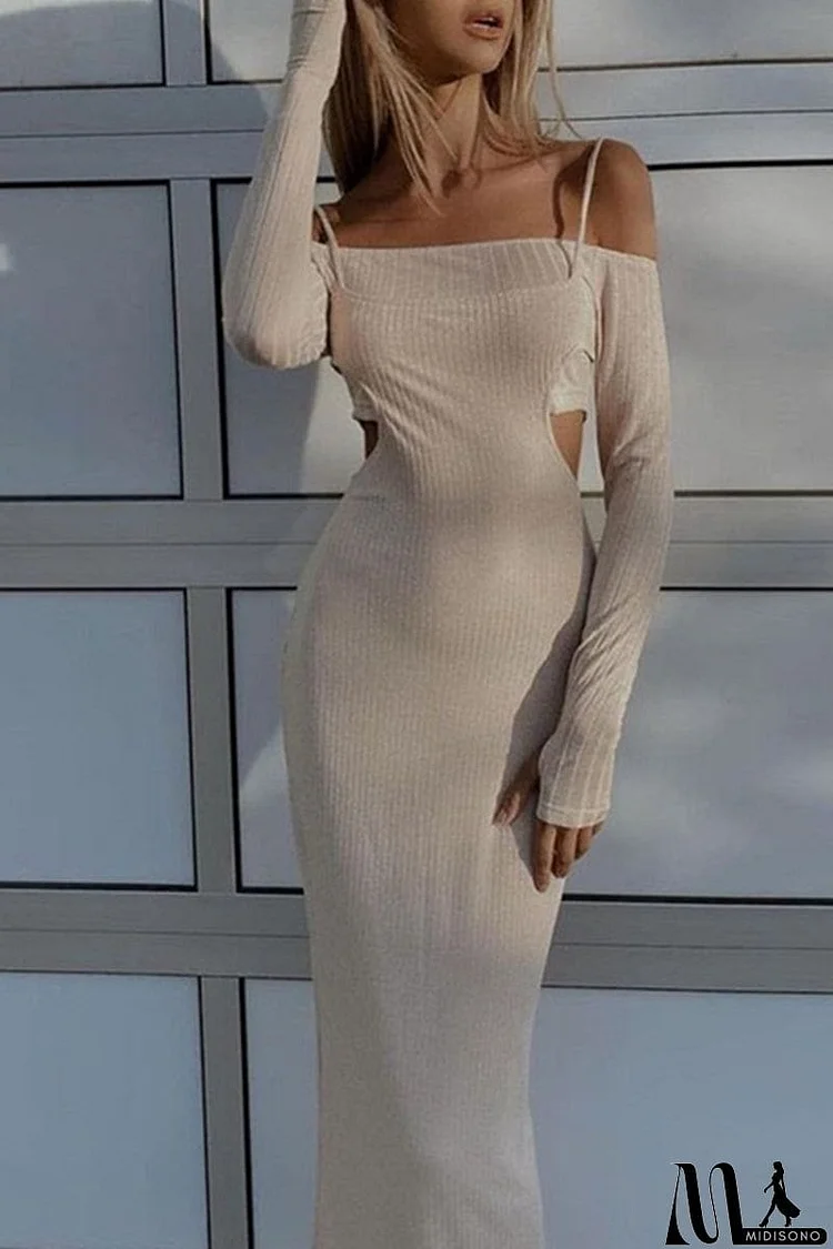 Sweet Elegant Solid Hollowed Out Asymmetrical Off the Shoulder Long Sleeve Two Pieces