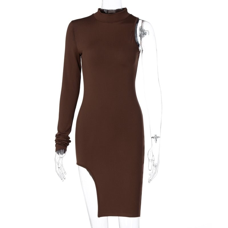 Dulzura solid women mini dress one shoulder long sleeve turtleneck bodycon slit sexy streetwear party elegant 2020 autumn winter