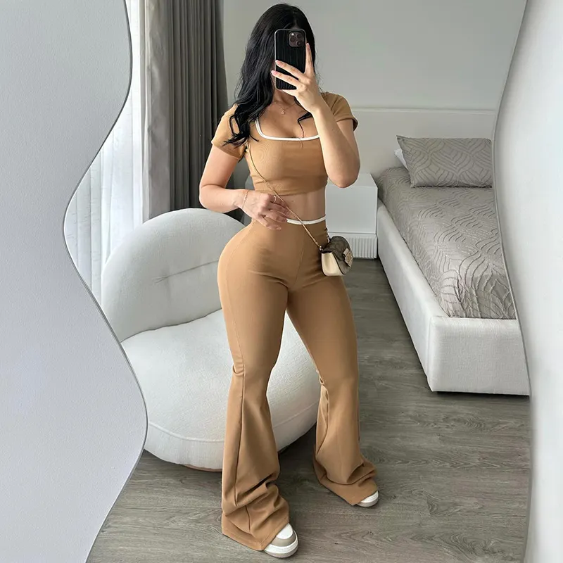 Uveng Uveng Women's Spring And Summer Generous Collar Short Umbilked Low-Waist Micro-Horns Thin Knitting Set