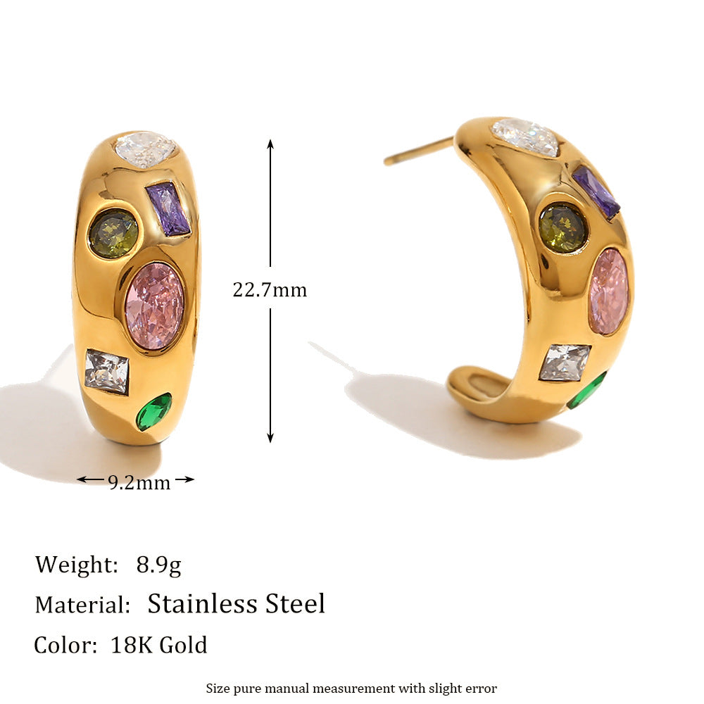 Ins Personality Micro-Inlaid Earrings Stainless Steel Plated 18K Gold Geometric Colored Zircon Moon Earrings