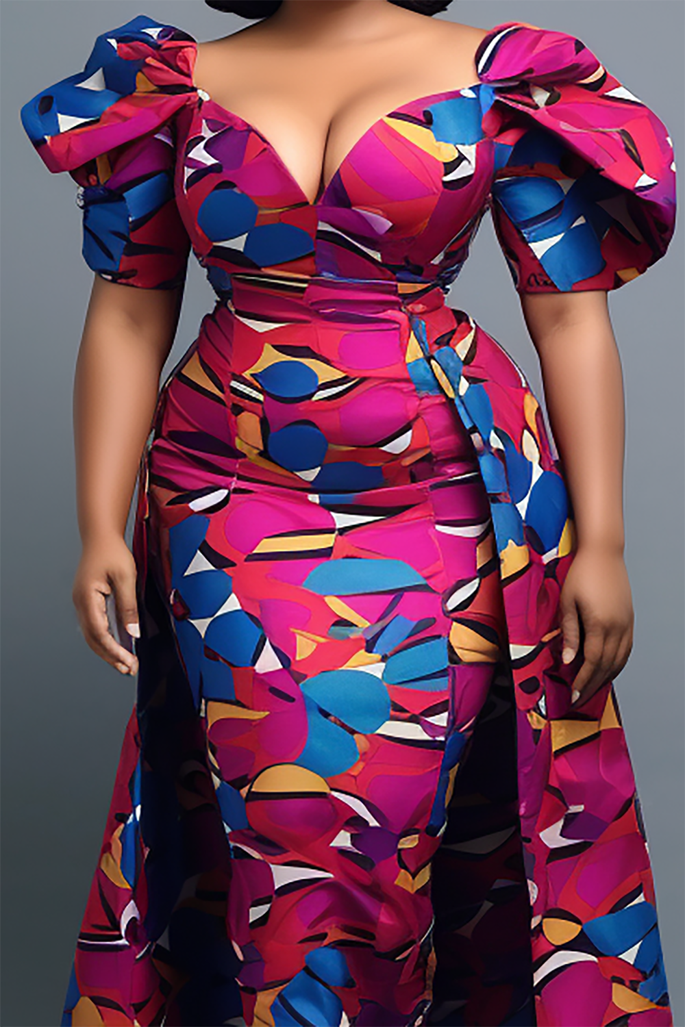 Design Plus Size Mother Of The Bride Elegant Magenta Ankara Puff Sleeve Maxi Dresses [Pre-Order]
