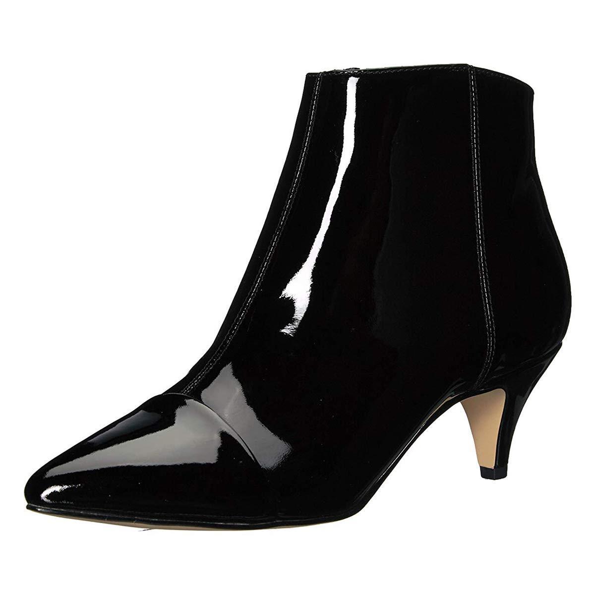 Full Black Pointed Toe Kitten Heel Ankle Boots Patent Leather Short Boots Nicepairs
