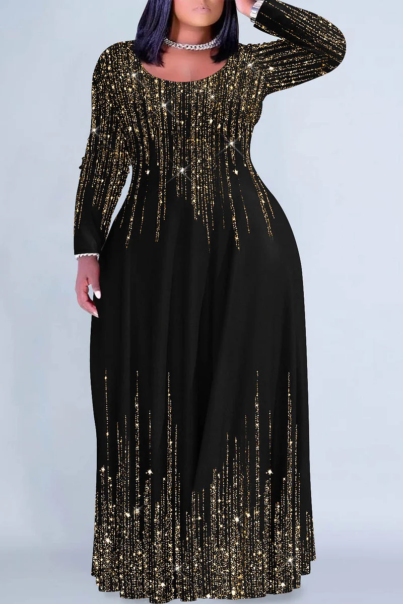 Plus Size Daily Gradient Round Neck Long Sleeve Maxi Dresses