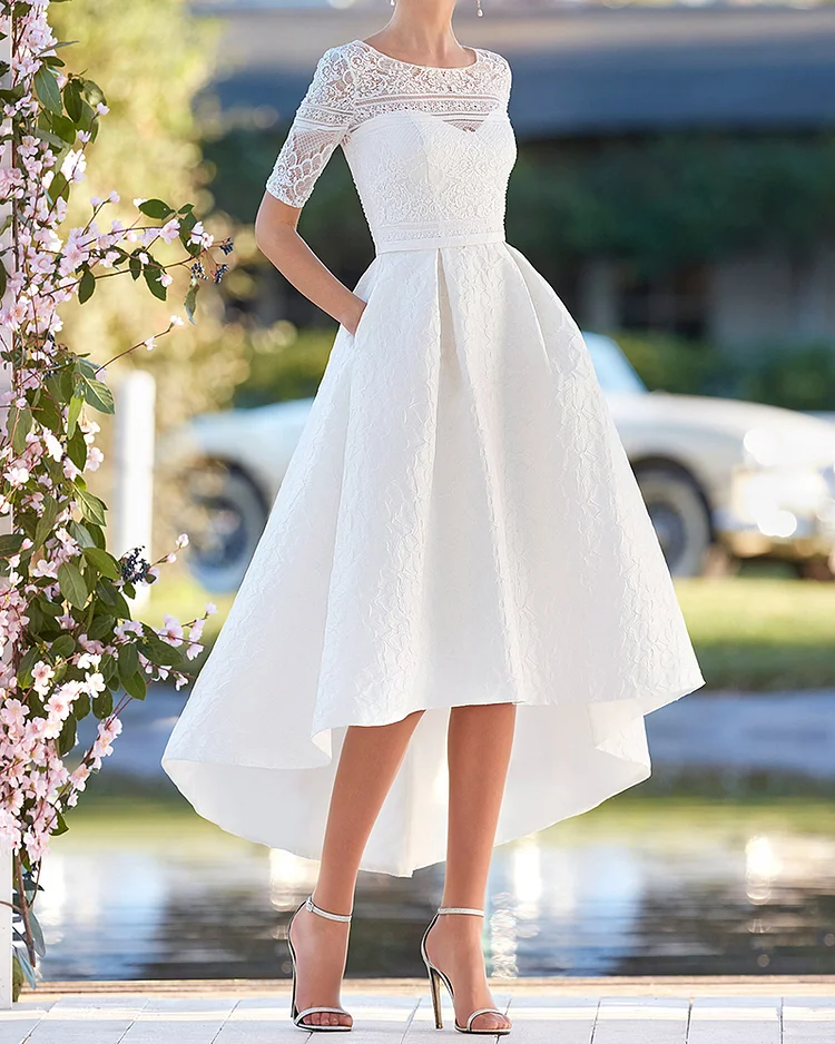 Women's White Lace Irregular Brocade Midi Dress