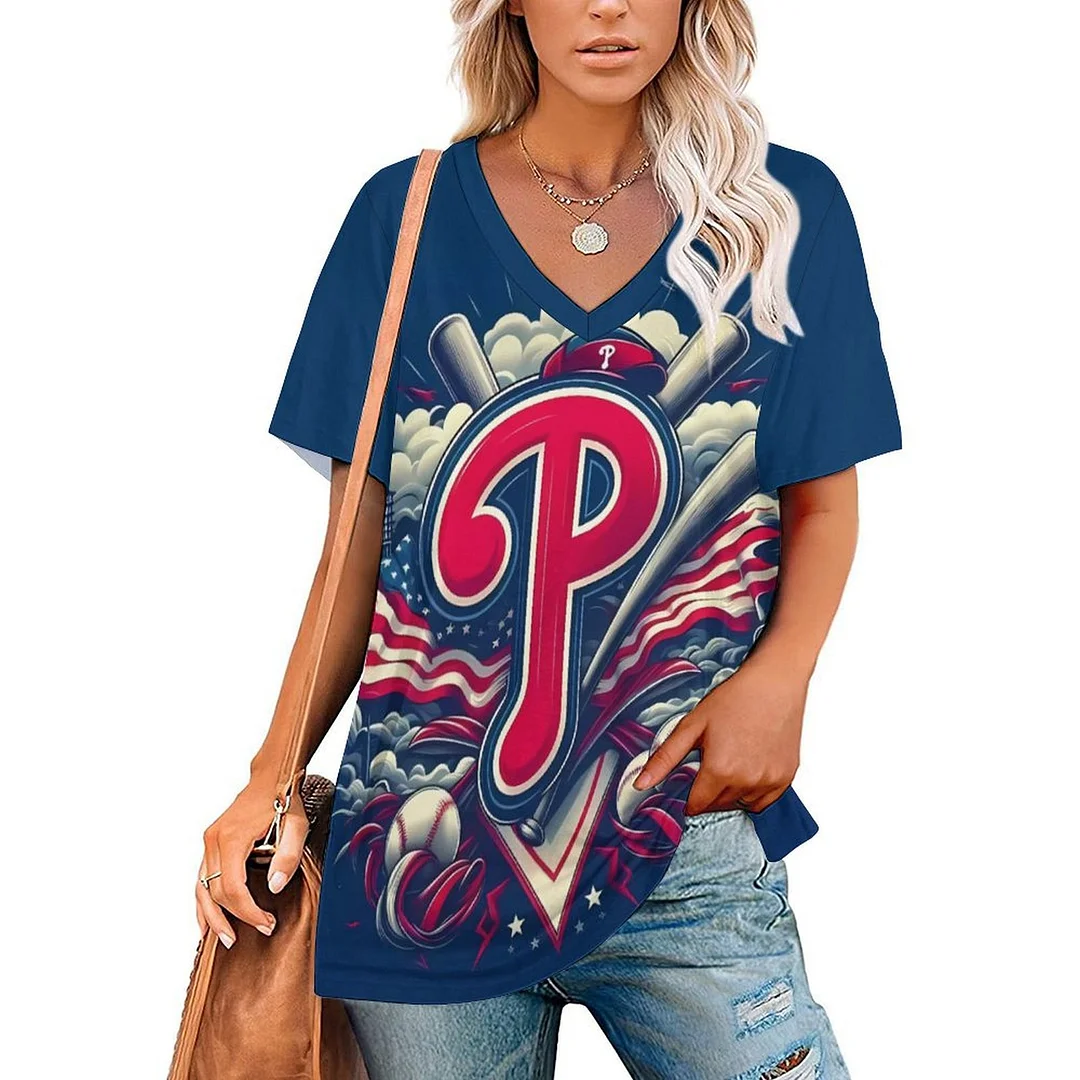 V-neck Short Sleeve Casual T-shirt for  Women Printed with Pattern Philadelphia Phillies, Blue, Red
