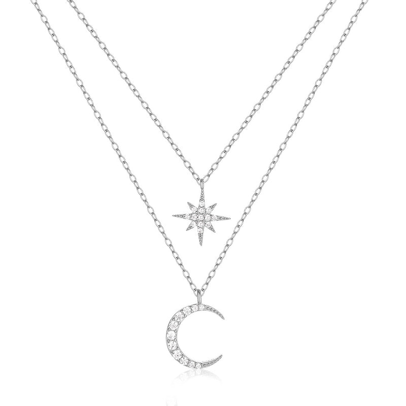925 Sterling Silver Zircon Cable Chain Plating Inlay Star Moon Double Layer Necklaces